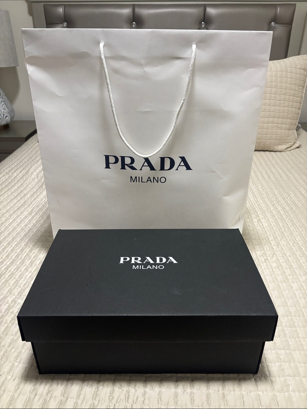 Title: Prada Milano Shoe Box & Shopping Bag Set – Luxury Packaging